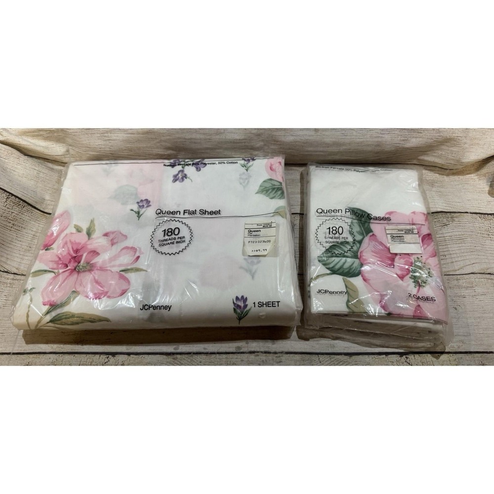 Vtg JcPenney Queen Flat Sheet & Pillowcases Non Iron Plantation NOS GTbH9